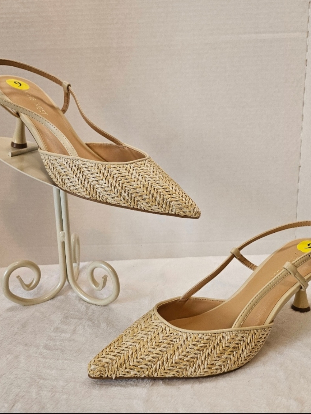 Beige Woven Pointed-Toe Slingback Heels